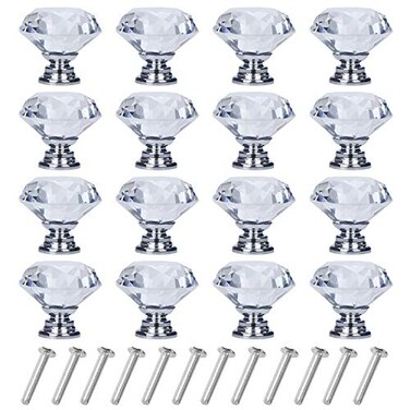 YourGift 16 Pack Drawer Knobs Diamond Shaped Crystal Glass 30mm Cabinet Knobs Pull Handles Silver