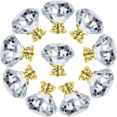 NORTHERN BROTHERS 10 Pack 30mm Crystal Cabinet Knobs Diamond Glass Drawer Knobs with 3 Screw Sizes for Dresser Kitchen Bathroom Gold