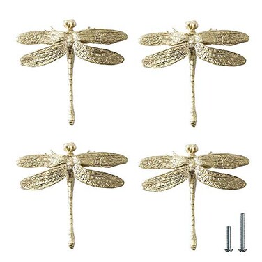 UniDes 4 Pcs Brass Drawer Pull Knob Gold Cabinet Dreeser Handle Dragonfly Designed for Modern Home