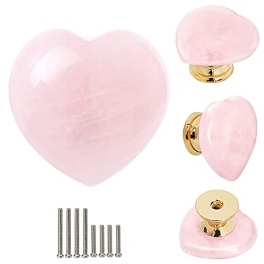 Malimali Rose Quartz Heart Cabinet Knobs Pink Crystal Dresser Drawer Pulls for Girls Cute Gold Knobs for Bifold Closet Door Cupboard Kitchen Bathroom