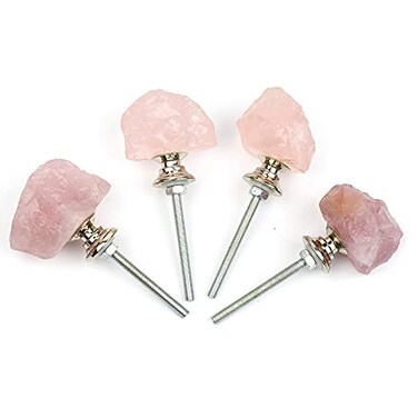 Malimali Natural Rose Quartz Knobs for Cabinets and Drawers Set of 4Pink Dresser Drawers Pulls and KnobsCrystal Closet Door Knobs for Bifold Doors Cupboard Wardrobe Kitchen Bathroom