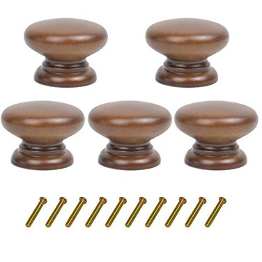 Mysummer 5 Pack Round Wood Drawer Knobs Walnut Finished Kitchen Cabinet Pulls Handles Hardware for Kitchen Cabinets Furniture Dresser Wardrobe Cupboard Drawer Pulls Knobs 33x25mm13x098inchDiaxH