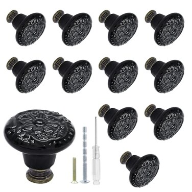 Biaungdo 12 Pcs Black Ceramic Vintage Round Drawer Knobs Retro Ceramic Dresser Knobs and Pulls for Cabinet Drawer Cupboard