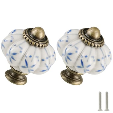 Zernmiarder Ivory Blue Pumpkin Knobs 12 Pack Ceramic Cabinet Knobs Vintage Drawer Pulls Antique Dresser Pulls with Screws Blue Flower