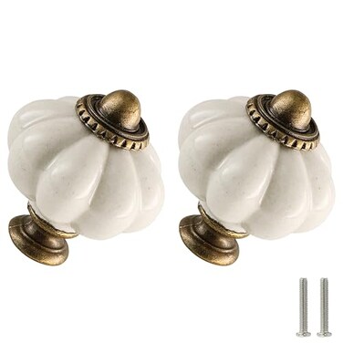 Zernmiarder Antique White Pumpkin Knobs 6 Pack Ceramic Cabinet Knobs Vintage Drawer Pulls Antique Dresser Pulls with Screws for Closet Drawer Cupboard Cabinet and DIY Home Project