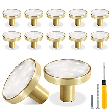 Cionyce 12 Pack Gold Knobs for Dresser Drawers Brass Dresser Knobs Round Cabinet Knobs for Kitchen Cabinet Cupboard Door Decorative Furniture Hardware 114 Diameter White