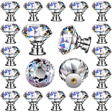 Hotop 30 Pieces Crystal Drawer Knobs Clear 30mm Diamond Crystal Dresser Knobs Glass Cabinet Pulls Handles with Screws for Kitchen Office Bathroom Cabinet Silver