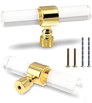 Cionyce 12 Pack Acrylic Cabinet Knobs Brushed Gold Drawers Knobs Clear Single Hole T Knobs for Dresser Drawers Kitchen Cabinet 315 Overall Length