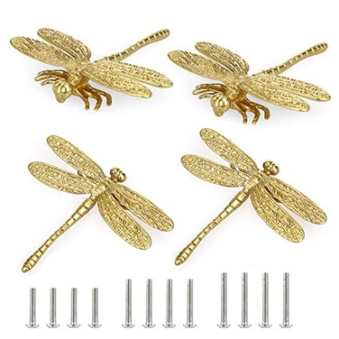 JUXYES Pack of 4 Brass Dragonfly Cabinet Knobs Golden Tone Cupboard Door Knobs Decorative Dresser Drawer Handle Knobs for Dresser Drawer Cabinet Closet