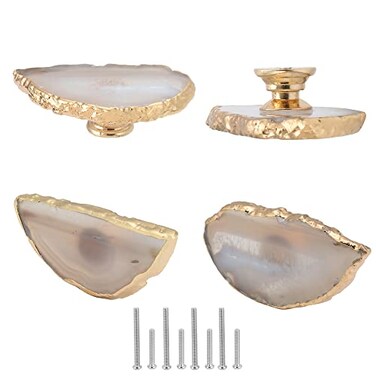 Malimali Unique White Agate Cabinet Knobs and Pulls Set of 4Knobs for Cabinets and Drawers Gold Dresser Knobs Bifold Door Knob for Closet Kitchen Cupboard
