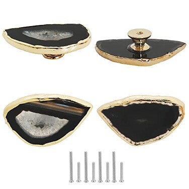 Malimali Unique Black Agate Cabinet Knobs and Pulls Set of 4 Knobs for Cabinets and Drawers Gold Dresser Knobs Bifold Door Knob for Closet Kitchen Cupboard