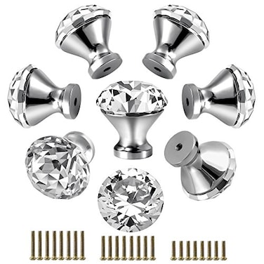 ROYBENS 30mm Kitchen Cabinet Knobs Drawer Pull Handle Hardware Crystal Clear Glass Round Diamond Shape Dresser Closet Bifold Door Bathroom Cupboard Desk Nightstand Bookcase Furniture Drawer Knob Set 8