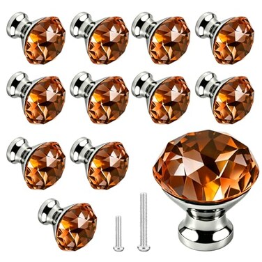 ANJUU 10 Pcs 30mm Silver Plated Base Diamond Shape Crystal Glass Cabinet Knob Drawer Knob Pull Handle Used for Kitchen Dresser Door Cupboard Amber