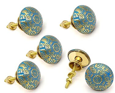 5MOONSUN5s Brass Door KnobsDrawer Pulls Dresser Door KnobsPull and Push Handle Knobs for Cabinets Wardrobes Kitchen CupboardsHandmade Classic Hardware Decor 38 mm Sky Blue Set of 6