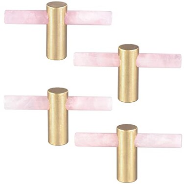 mookaitedecor Set of 4 Rose Quartz Crystal Wand Drawer Knobs and Pulls Stone Cabinet Knobs Brass Handles for Kitchen Dresser Door Decor