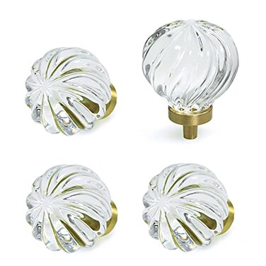 JEREVER 4 Pack Glass Brass Knobs Vintage Crystal Drawer Pull Cabinet Handle for Dresser Kitchen Bathroom Gold Furniture Hardware Spiral Shape