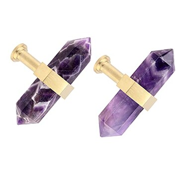 mookaitedecor Set of 2 Amethyst Double Crystal Points Drawer Knobs with Screws Decorative Stone Cabinet Handle Pulls for Dresser Cupboard Kitchen Decor Brushed Brass