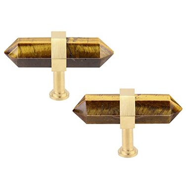 Rockcloud Pack of 2 Crystal Point Stone Drawer Knobs with Screws Cabinet Knob Cupboard Pull Handle Home Decoration Tigers Eye Stone