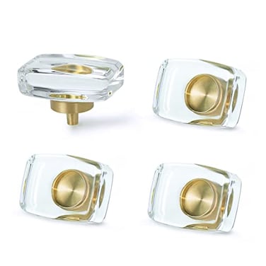 JEREVER 4 Pack Glass Brass Knobs Crystal Mid Century Modern Drawer Pull Clear Cabinet Handle Furniture Hardware for Wardrobe Dresser Kitchen Rectangle