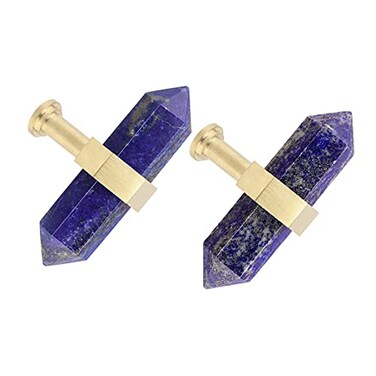 mookaitedecor Set of 2 Lapis Lazuli Double Crystal Points Drawer Knobs with Screws Decorative Stone Cabinet Handle Pulls for Dresser Cupboard Kitchen Decor Brushed Brass