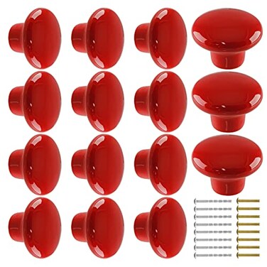 Qjaiune 15pcs Ceramic Red Drawer Knobs Round Shaped Dresser Knobs Cute Kitchen Cabinet Pull Handles Kids Bedroom