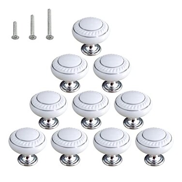 HUAMULAN 10 Pack Ceramic Knob White Silver Dresser Kitchen Round Cabinet PullsZinc Alloy Base Cupboard Wardrobe Drawer Door Handles3 Size Screws