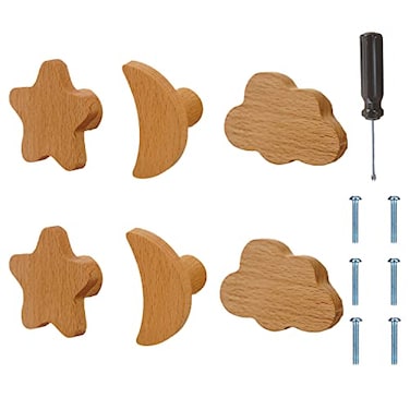 ED-Lumos EDLumos 6 Pieces Cabinet Knobs Moon Star Cloud Wood Design Drawer Handles for Home Kitchen Bedroom Wardrobe