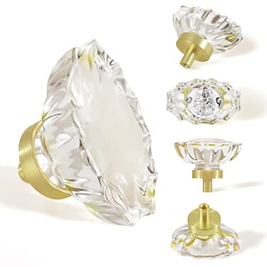 SHINY HANDLES Satin Brass Cabinet Knobs and Pulls Gold Cabinet Hardware for Dresser Clear Glass Crystal Drawer Hardware Oval 16 Pack