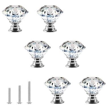OctinPris Crystal Glass Knobs for Cabinet 6 Pack Crystal Drawer Knobs Diamond Shape Dresser Knob 30mm for Kitchen Bathroom Vanity Cupboard Closet Door