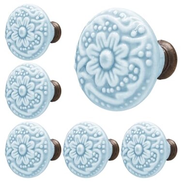 Piutouyar Sky Blue Ceramic Knobs and Pulls Retro Drawer and Cabinet Knobs 34mm 13Inch Diameter 10Pcs
