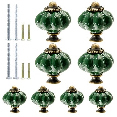 Suiwotin 8pcs Ceramic Pumpkin Cabinet Knobs Dark Green Vintage Drawer Knobs for Vanity Closet Cupboard
