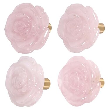 Rockcloud Pack of 4 Rose Crystal Drawer Knobs Cupboard Pulls Handle Cabinet Flower Knobs Furniture Hardware Rose Quartz