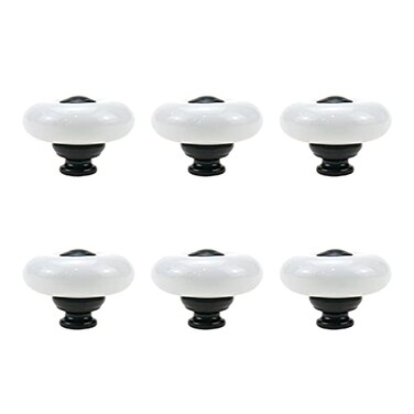 Tsnamay 6 Pieces White Ceramic Knob Kitchen Door Cabinets Cupboard Single Hole Pull Handles with Screws126inch32mm Dia WhiteBlack Point