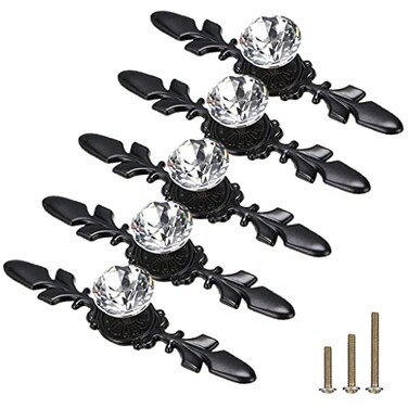 ESreake 5 Pack Black Diamond Clear Crystal Glass Decorative Knobs with PlateDrawer Dresser Pulls Handles with 3 Kinds of Screws for Kitchen Bathroom Office Decoration 5 Pack Small Black