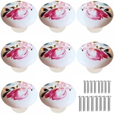 Tverghvad Ceramic Hand Painted Drawer Knobs 8 Pack Vintage Flower Round Cabinet Knobs and Pulls Kitchen Furniture Knobs for DresserCupboardWardrobeCloset Pink 8 Pieces