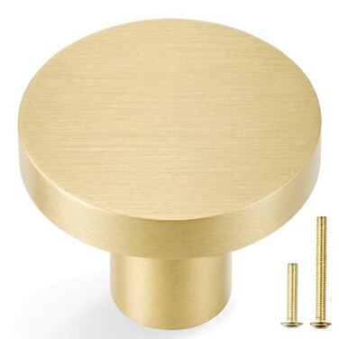 QOGRISUN 20 Pack Gold Cabinet Knobs Solid Brass Knobs for Dresser Drawers Brushed Brass Round Kitchen Hardware Heavy Duty 1 Inch Diameter