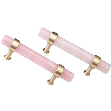 mookaitedecor Set of 2 Brushed Brass with Rose Quartz Crystal Drawer Knobs Kitchen Cabinet Handles Pulls Door Knobs for Dresser Cupboard Hardware 59 Inches