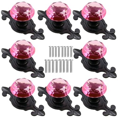 Kelier Crystal Glass Cabinet Knobs 8 Pack Elegant Diamond Drawer Knobs with Plate Dresser Pull Handles for KitchenCupboardWardrobeCabinet Crystal Pink 8 Pieces