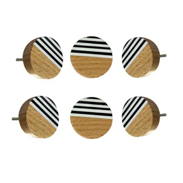 Perilla Home Aubrey Wooden BlackWhite Knobs Pack of 6 Handmade 15 Inch Diameter Kitchen Cabinets Knobs Stylish Pulls with Brass Metal Screw Drawer Knobs for Closet Hallway Bedrooms Bathroom