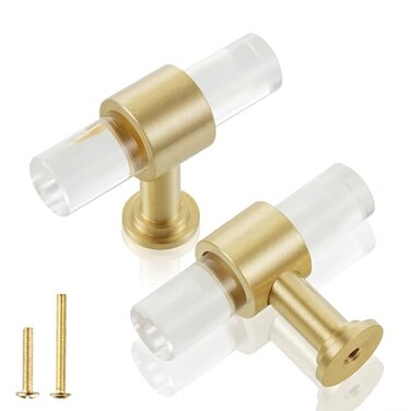 QOGRISUN 5Pack Acrylic Cabinet Knobs with Brass BaseGold Modern Drawer Euro Style T Bar Handles Kitchen Dresser Drawer Clear Glass Crystal Pulls2inch Total Length