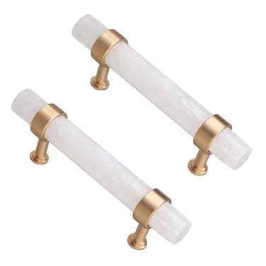 TUMBEELLUWA Pack of 2 Cylindrical Crystal Cabinet Knobs Polished Stone Pulls Brass Handles Hardware for Dresser Wardrobe Drawer Cupboard Rock Quartz