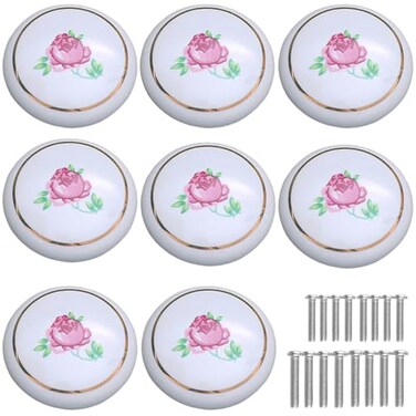 Tverghvad Ceramic Hand Painted Drawer Knobs 8 Pack Vintage Rose Flower Round Cabinet Knobs and Pulls Kitchen Furniture Knobs for DresserCupboardWardrobeCloset Rose 8 Pieces