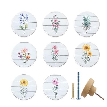 Lasyman 8 Pack Wooden Boho Botanical Wildflower Flower Sunflower Flat Wood Knob Kids Cabinet Dresser Drawer Handle Knobs and Pulls