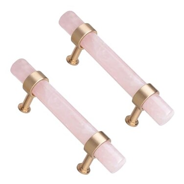 TUMBEELLUWA Pack of 2 Cylindrical Crystal Cabinet Knobs Polished Stone Pulls Brass Handles Hardware for Dresser Wardrobe Drawer Cupboard Rose Quartz