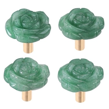mookaitedecor Set of 4 Natural Green Aventurine Crystal Cabinet Knobs with Screws Decorative Floral Stone Drawer Pulls for Dresser Door Kitchen