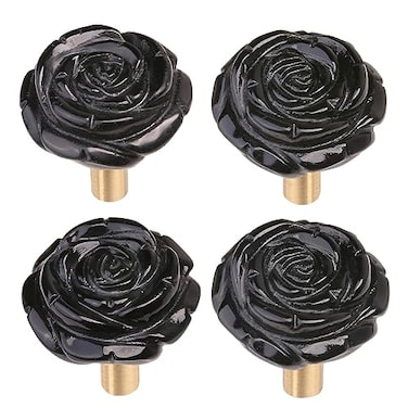 mookaitedecor Set of 4 Natural Black Obsidian Crystal Cabinet Knobs with Screws Decorative Floral Stone Drawer Pulls for Dresser Door Kitchen