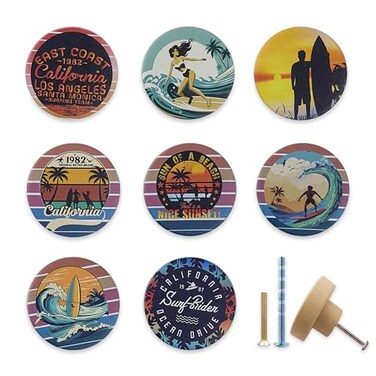 Lasyman 8Pack18 Wooden Beach Cabinet Knob Round Unique Surf Ocean Theme Kitchen Wardrobe Cupboard Furniture Dresser Drawer Knobs Handles or Pulls