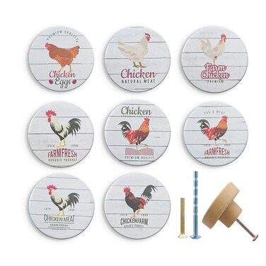 JamJam Set of 8 18 Wooden Round Animals Chicken Rustic Cupboard Farmhouse Cabinet Furniture Drawer Pulls and Knobs