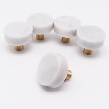 YuGtcen 5pcs Marble Cabinet Knobs Modern Decorative Cabinet Knobs White Stone Brushed Brass Base Drawer Knob Handles Pull for Kitchen Bathroom Dresser White