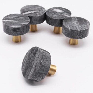 YuGtcen 5pcs Marble Cabinet Knobs Modern Decorative Cabinet Knobs Black Stone Brushed Brass Base Drawer Knob Handles Pull for Kitchen Bathroom Dresser Black